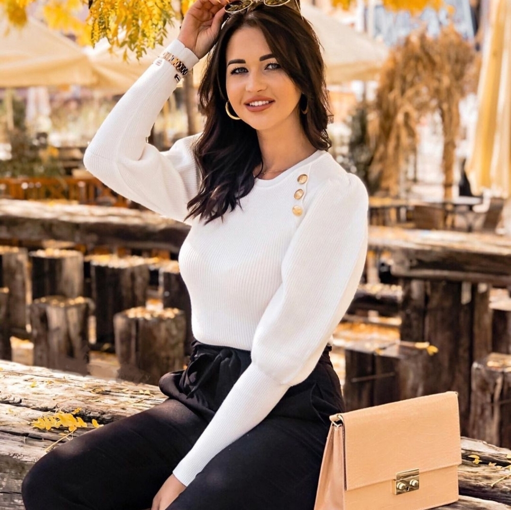 Zara puff shoulder gold button knit sweater